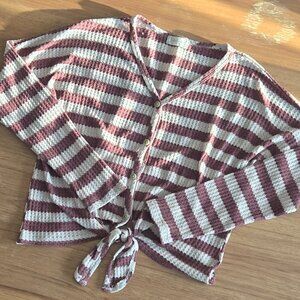 Altar’d State Waffle Knit Striped Top | Size S| Tie Front Mauve Cream